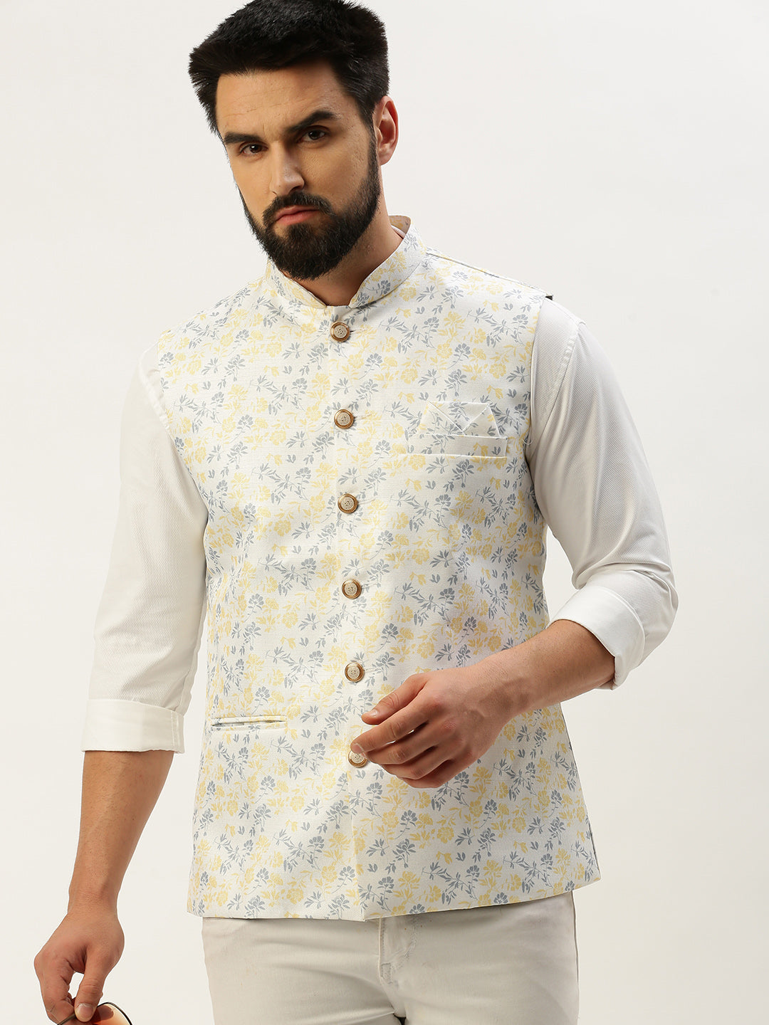 Men Mandarin Collar Printed White Nehru Jacket