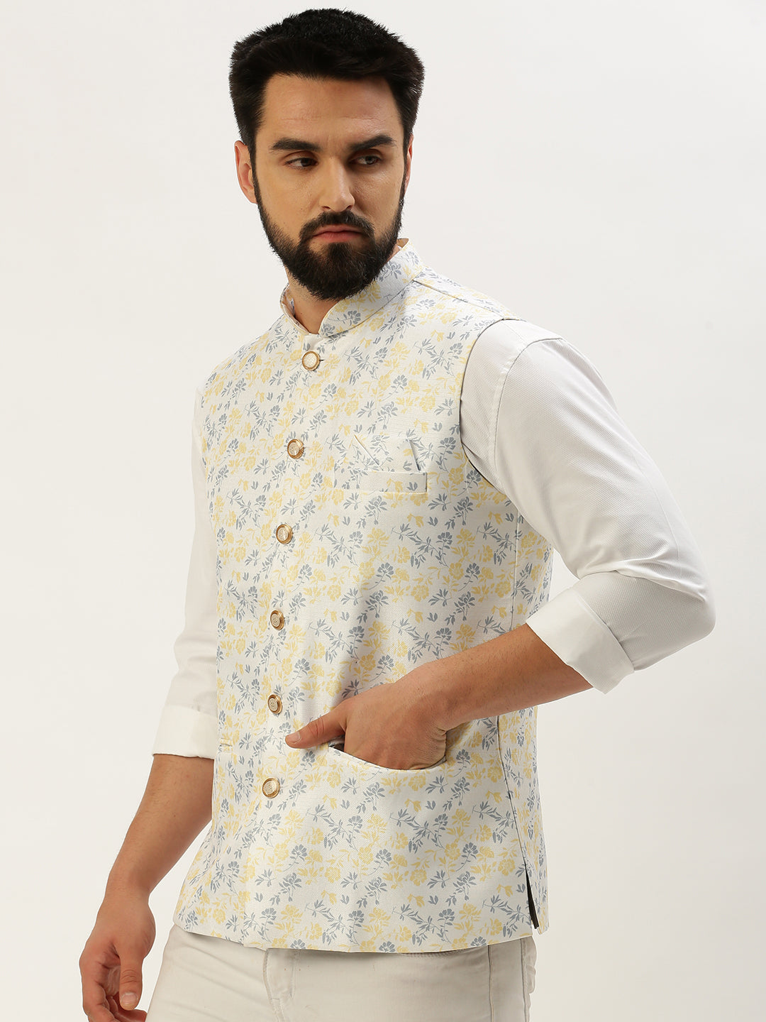 Men Mandarin Collar Printed White Nehru Jacket