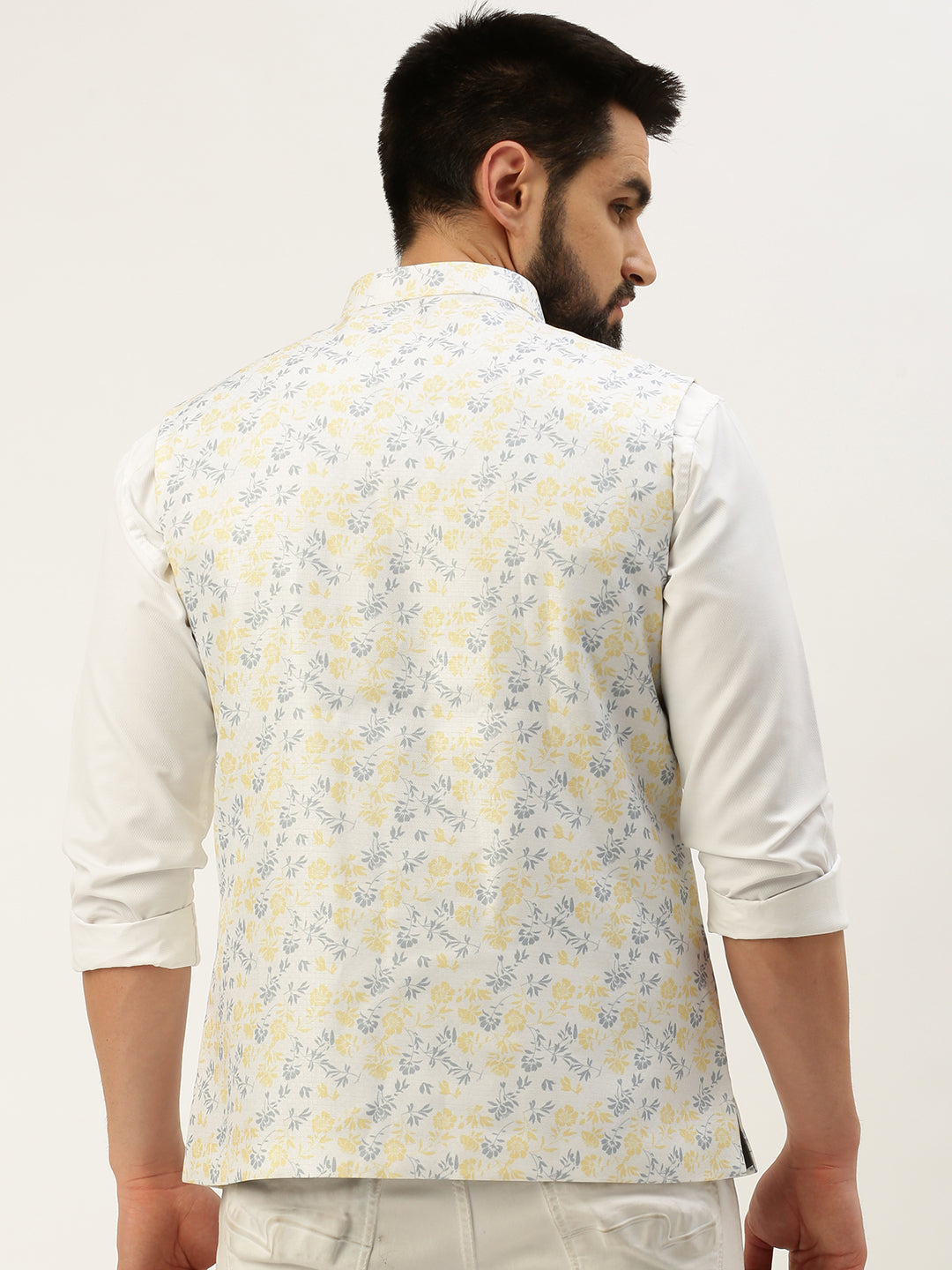 Men Mandarin Collar Printed White Nehru Jacket