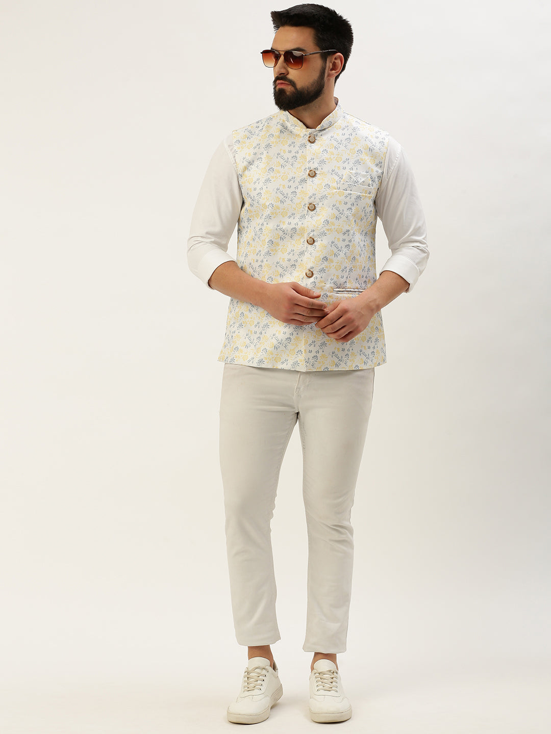 Men Mandarin Collar Printed White Nehru Jacket