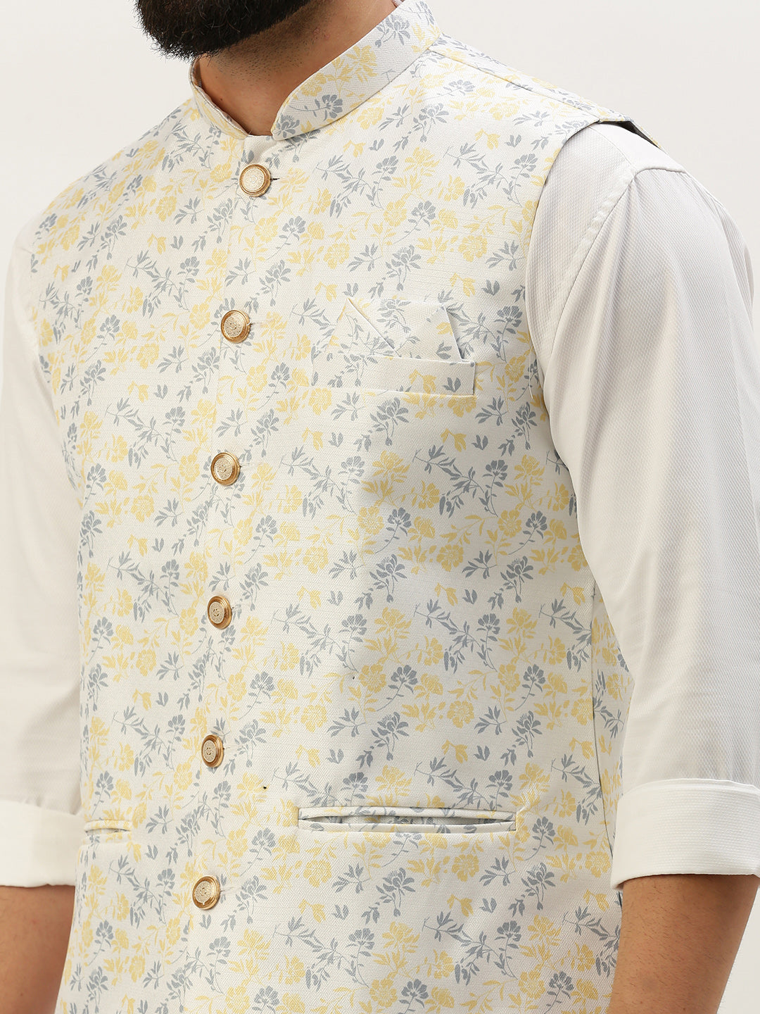 Men Mandarin Collar Printed White Nehru Jacket