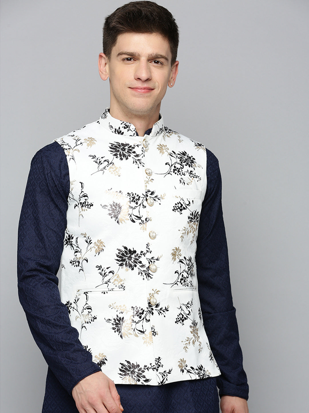 Men Mandarin Collar Printed White Nehru Jacket