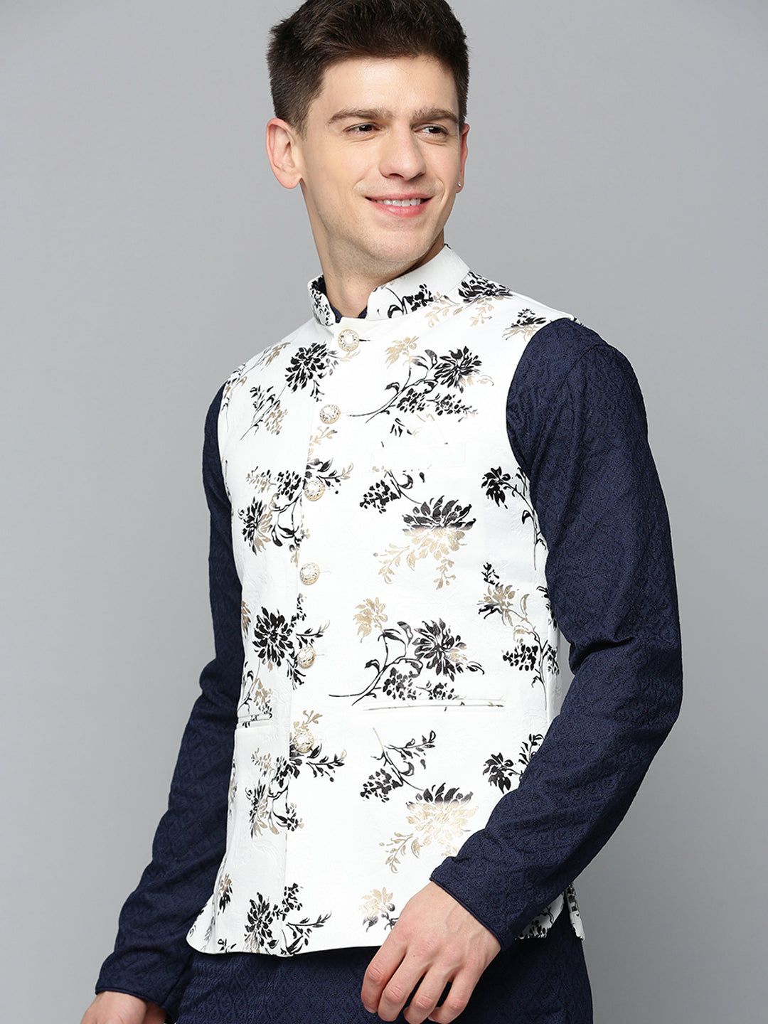 Men Mandarin Collar Printed White Nehru Jacket