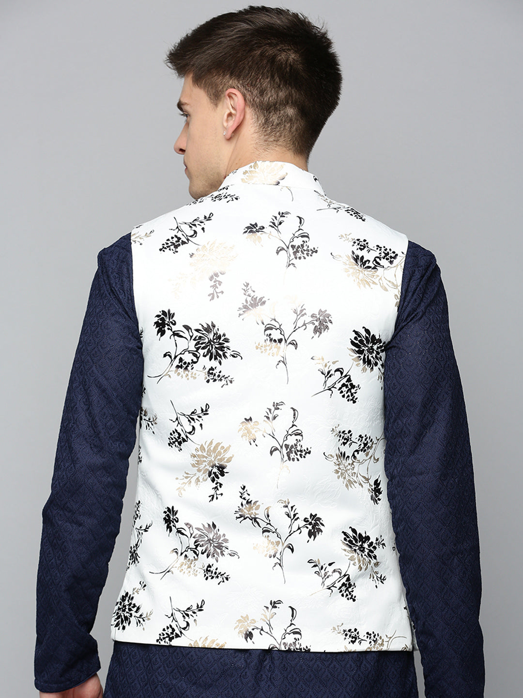 Men Mandarin Collar Printed White Nehru Jacket