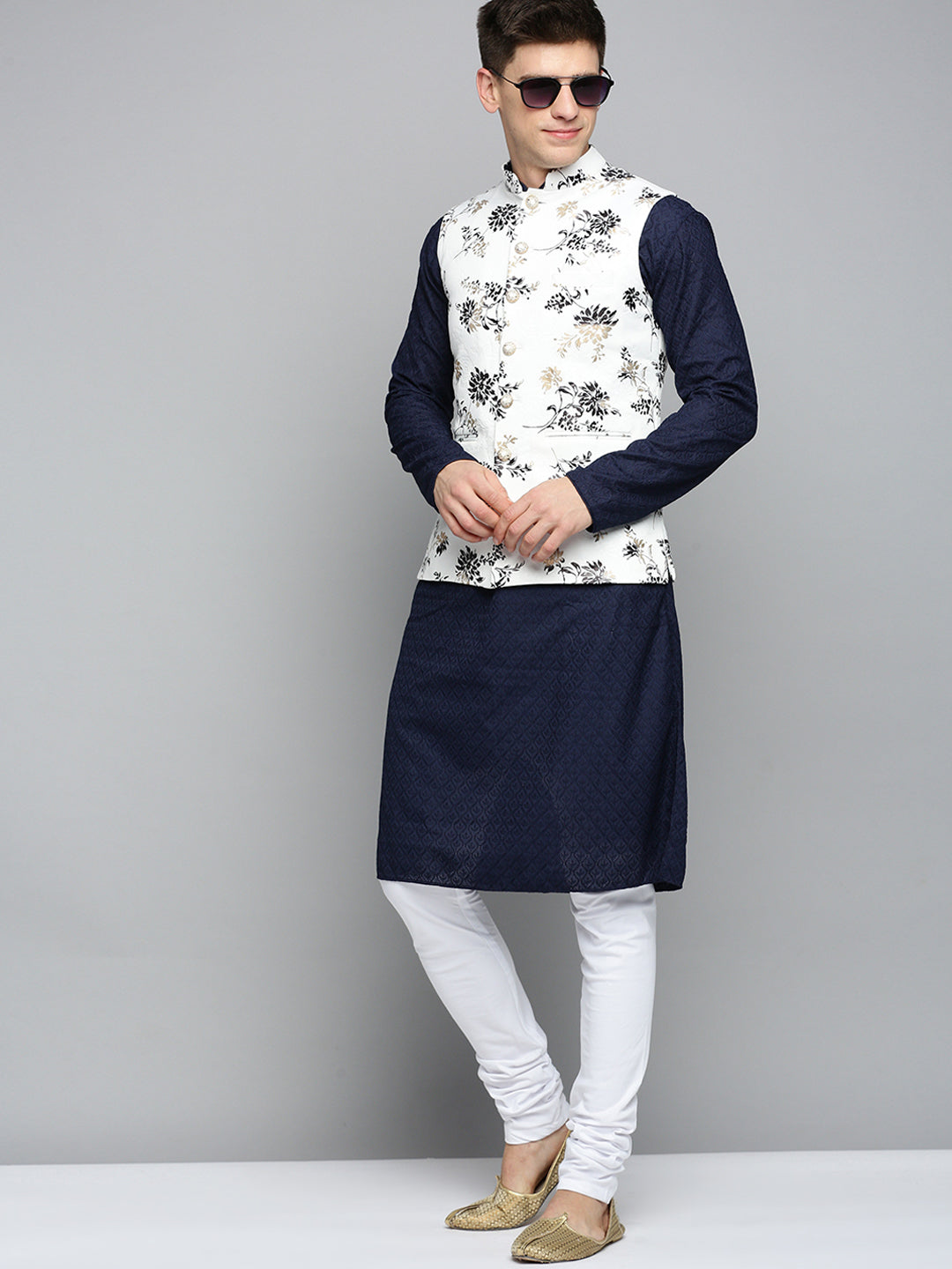 Men Mandarin Collar Printed White Nehru Jacket