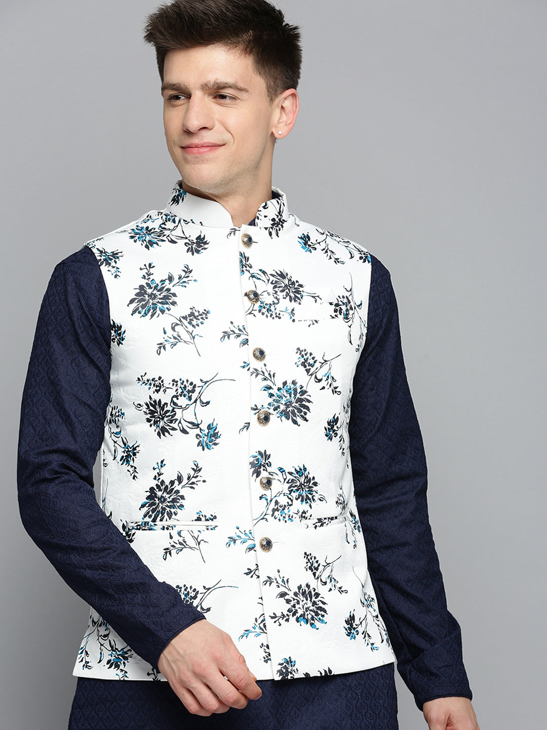 Men Mandarin Collar Printed White Nehru Jacket