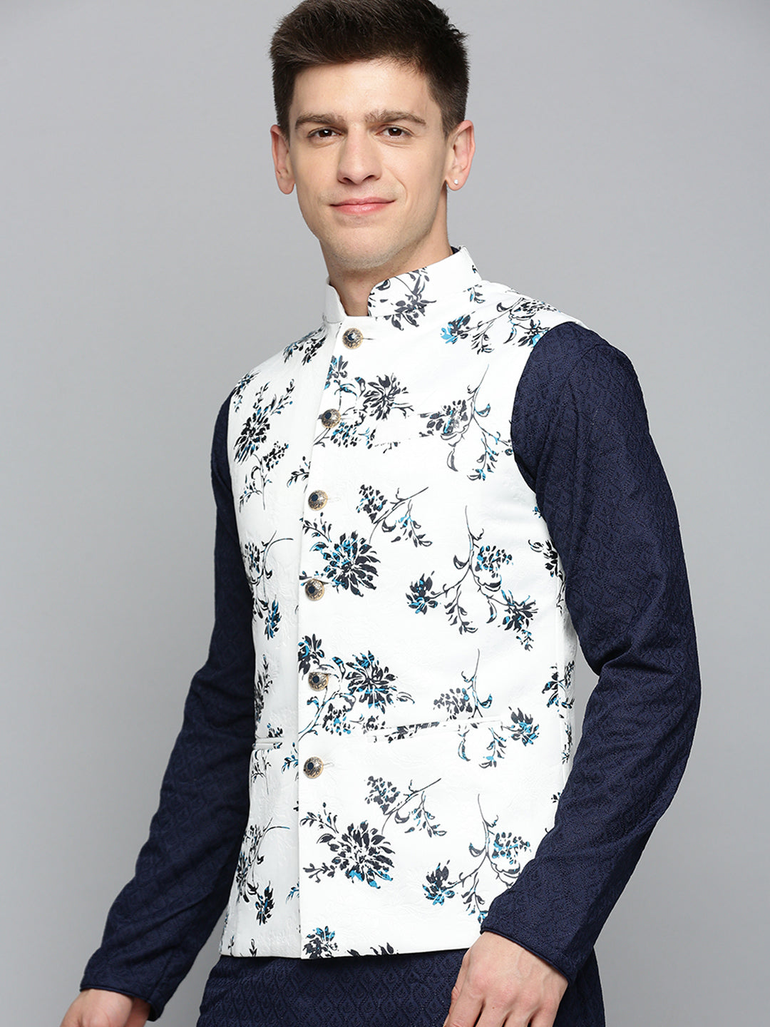 Men Mandarin Collar Printed White Nehru Jacket