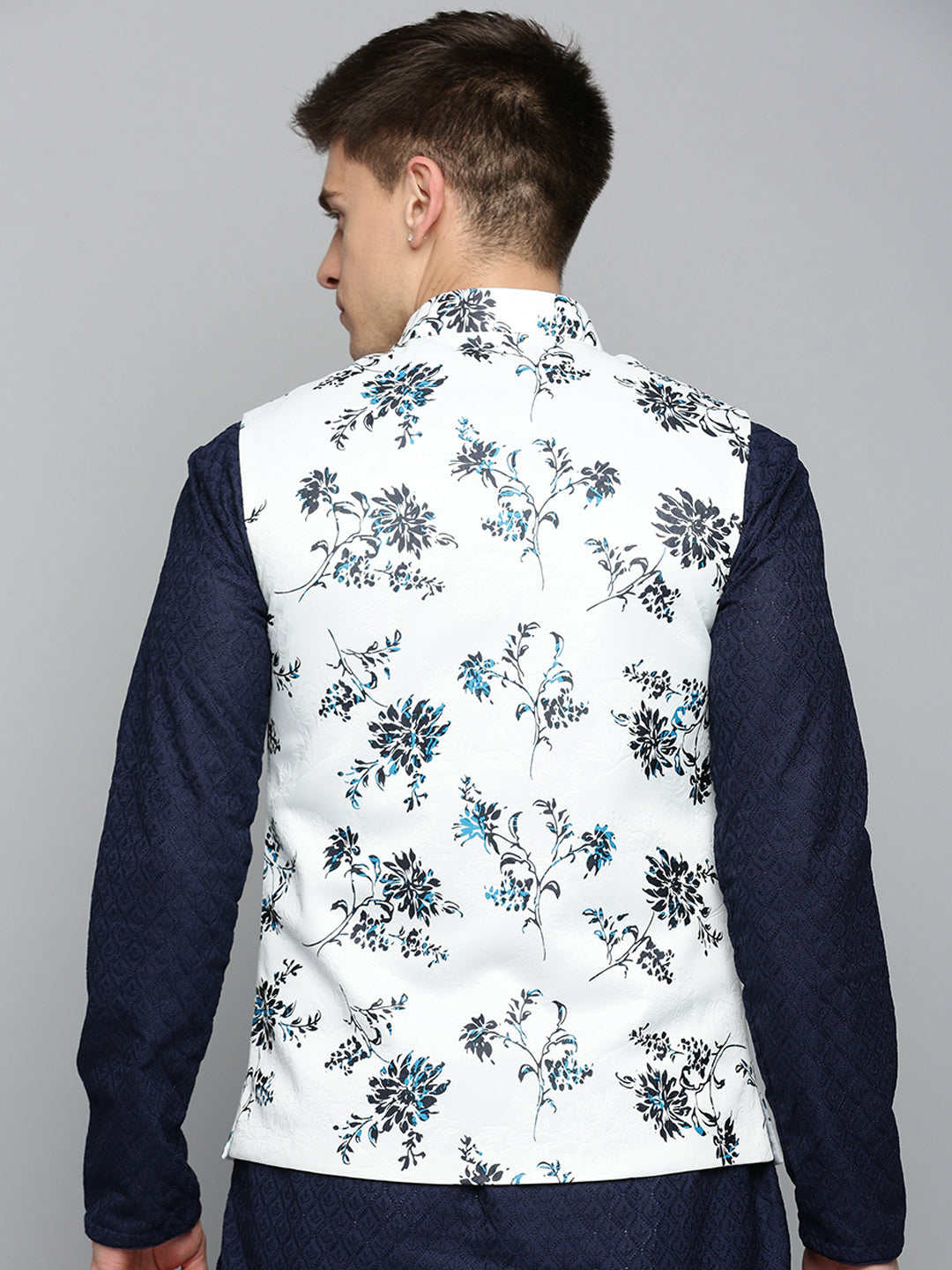 Men Mandarin Collar Printed White Nehru Jacket