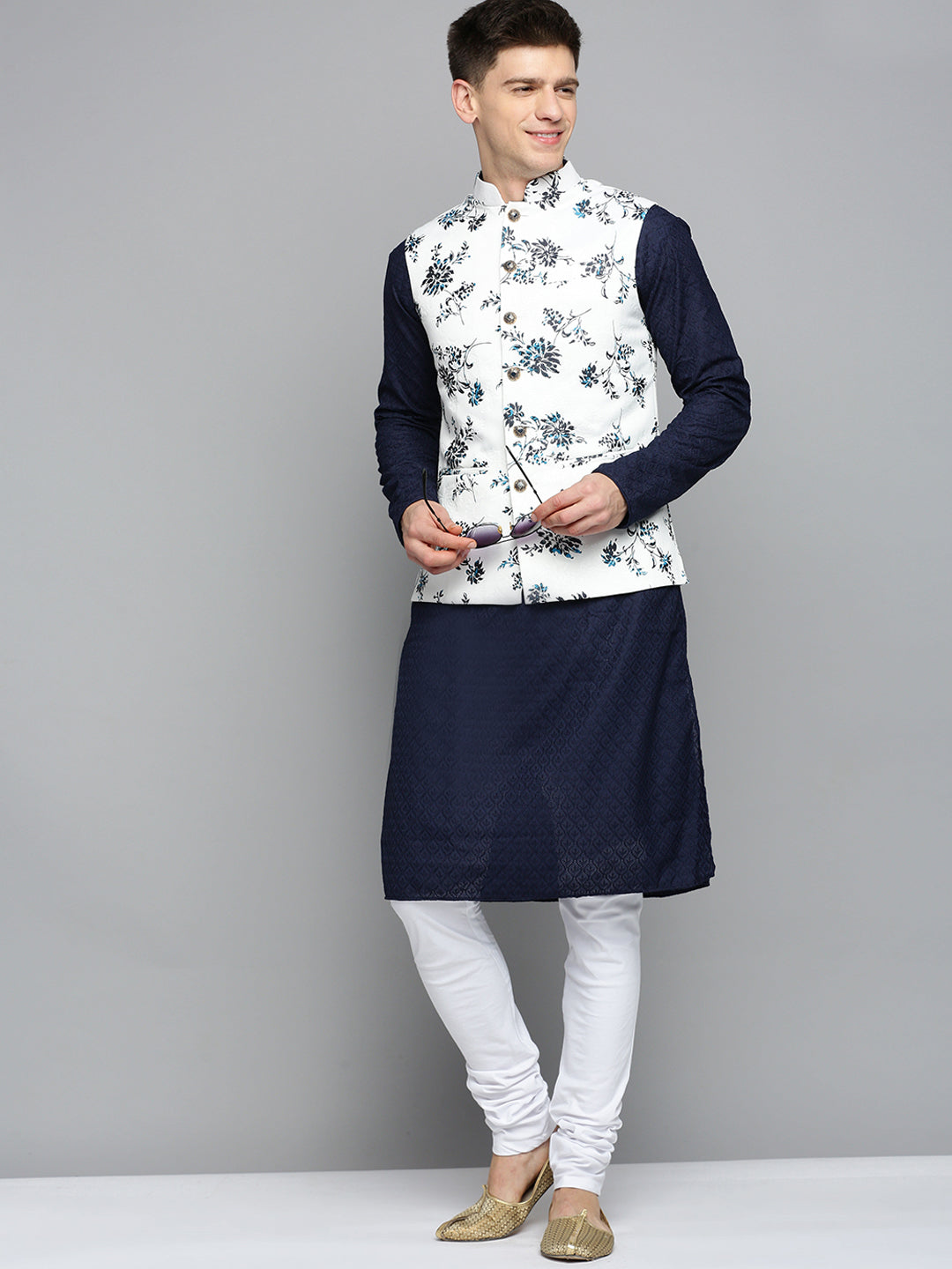 Men Mandarin Collar Printed White Nehru Jacket