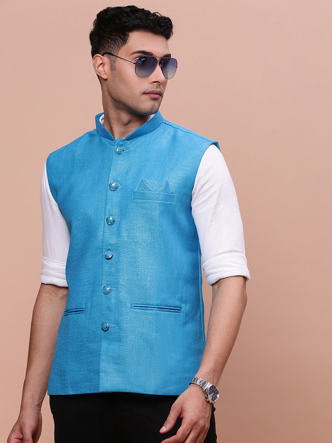Men Solid Blue Slim Fit Nehru Jacket