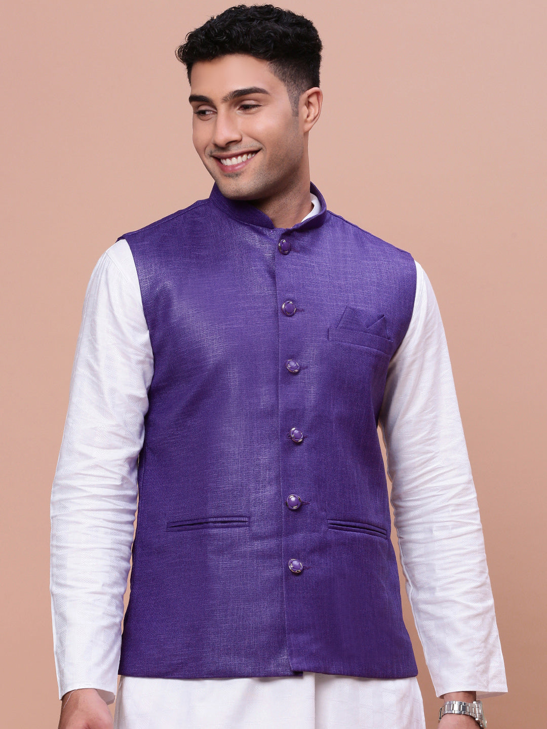 Men Solid Violet Slim Fit Nehru Jacket