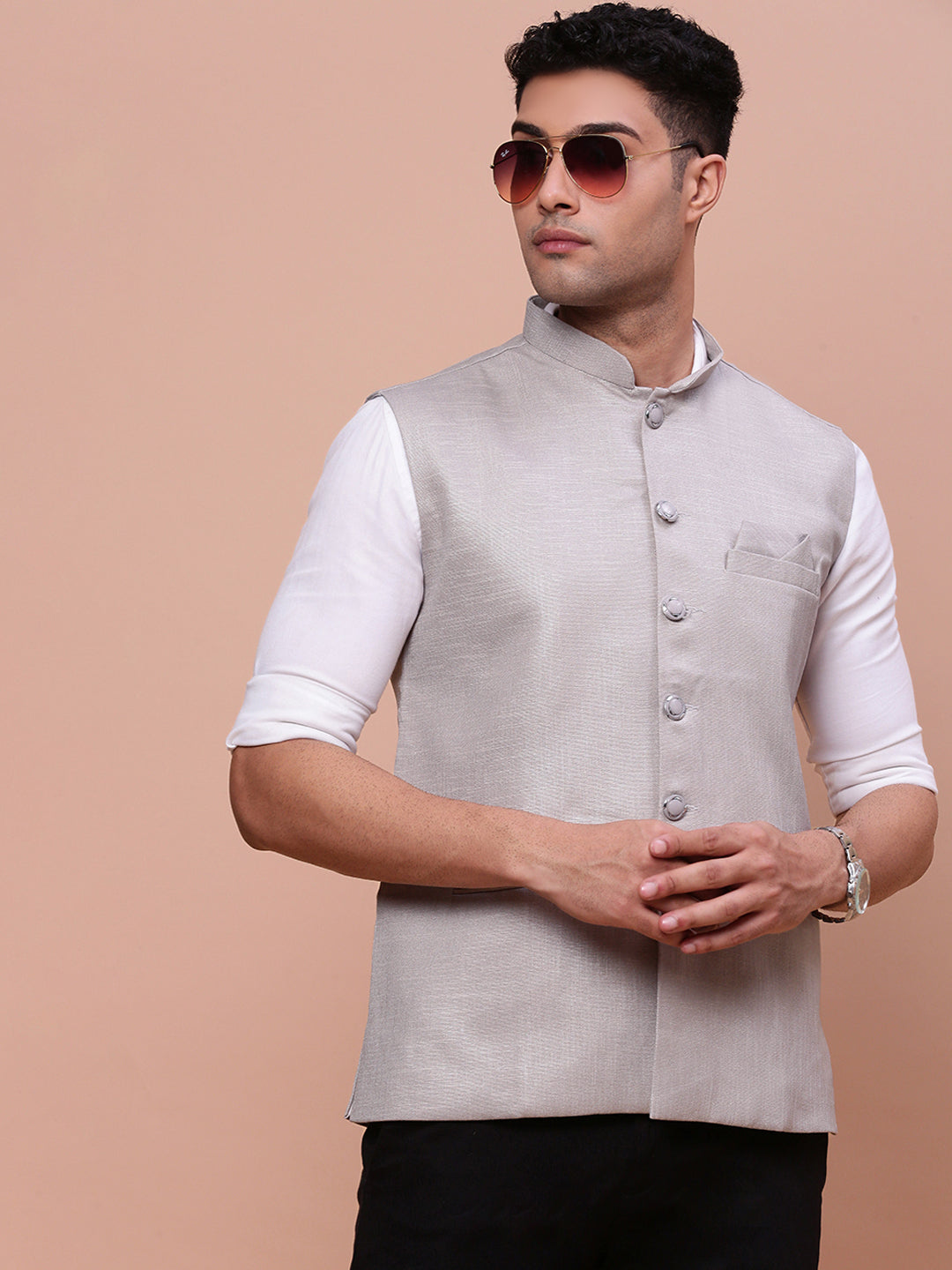 Men Solid Grey Slim Fit Nehru Jacket