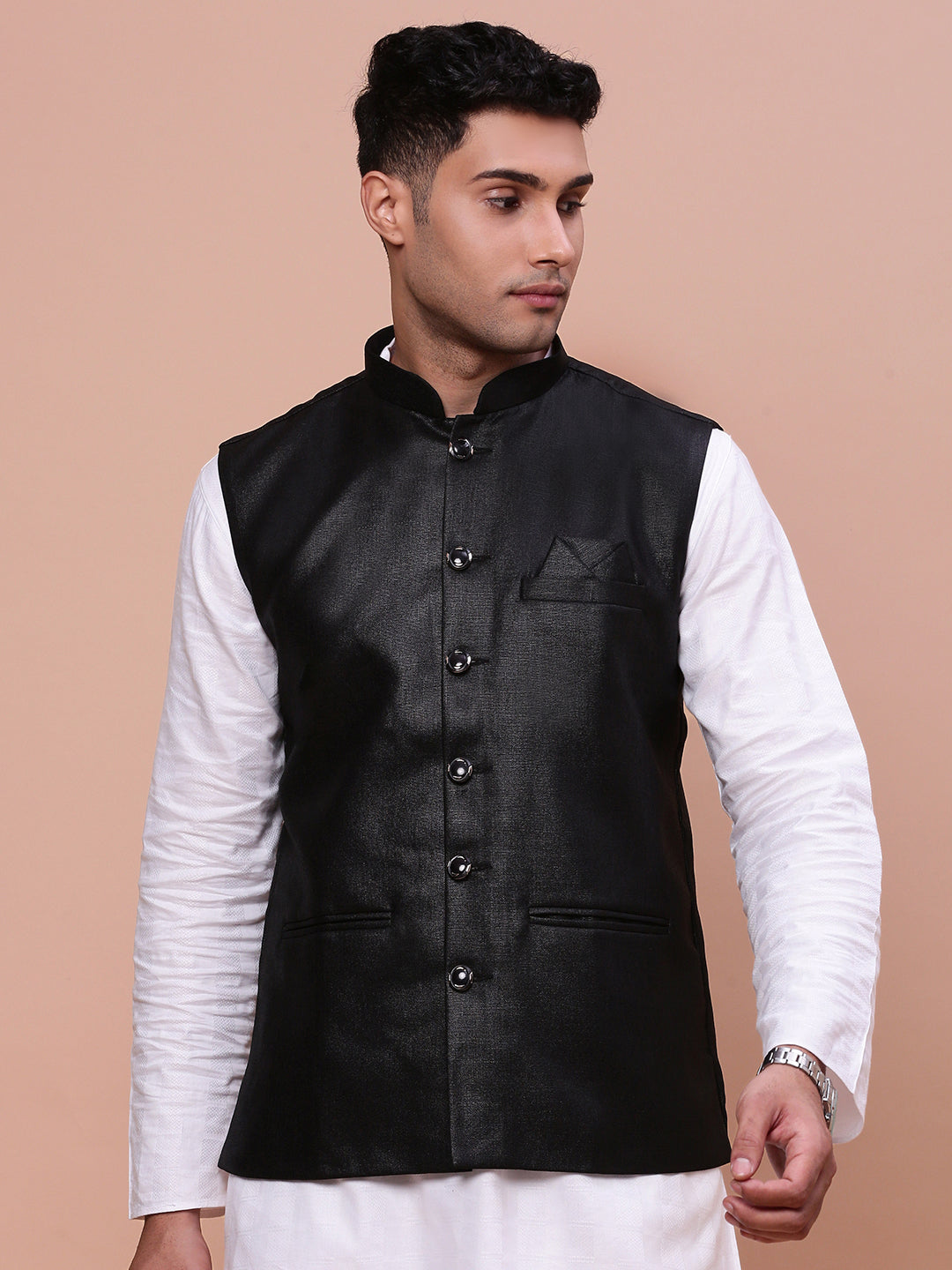 Men Solid Black Slim Fit Nehru Jacket