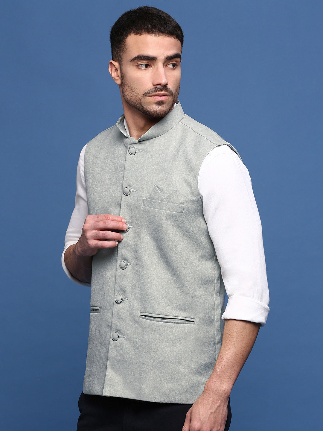 Men Solid Sea Green Slim Fit Nehru Jacket