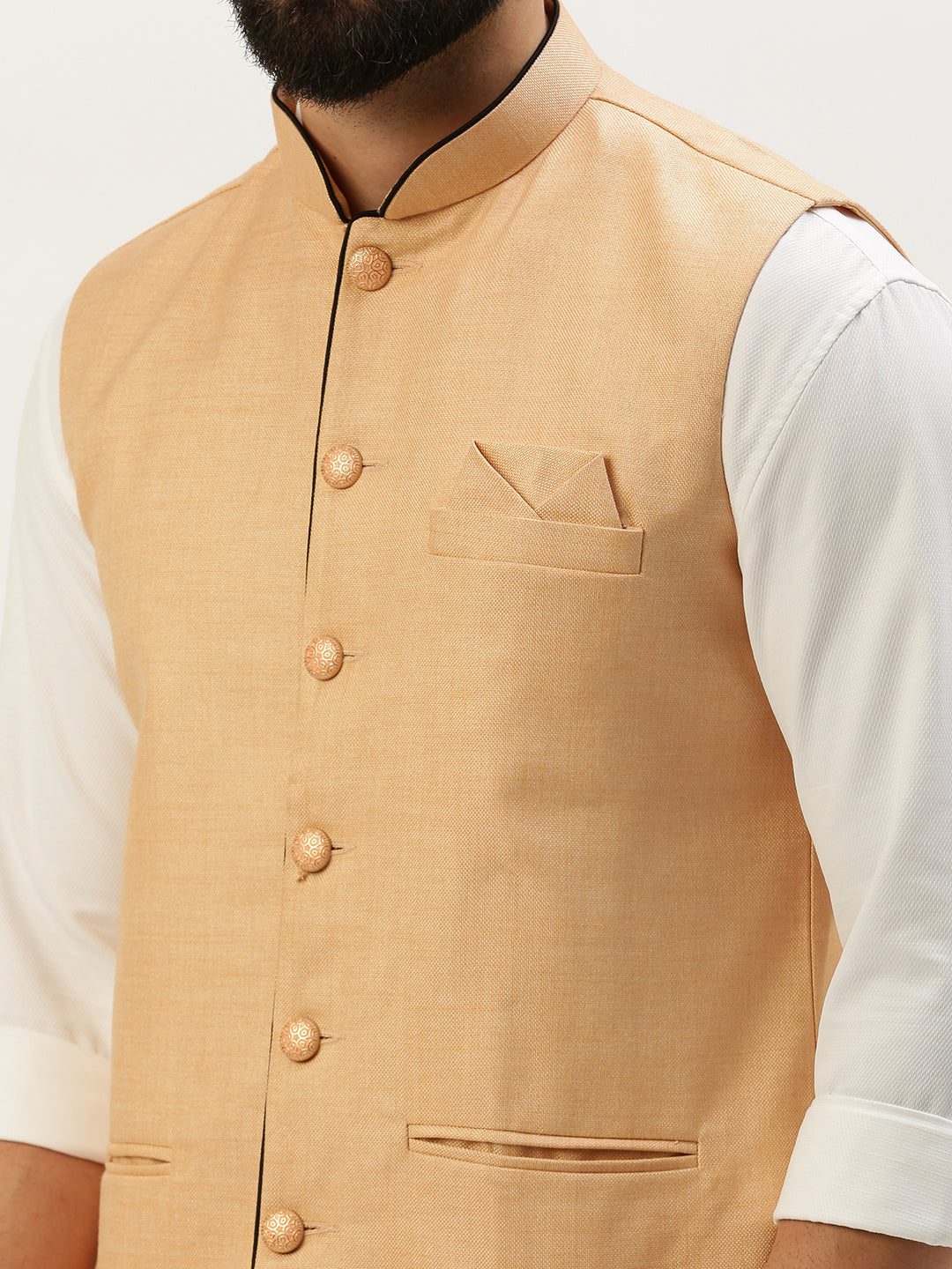 Men Mandarin Collar Solid Peach Nehru Jacket
