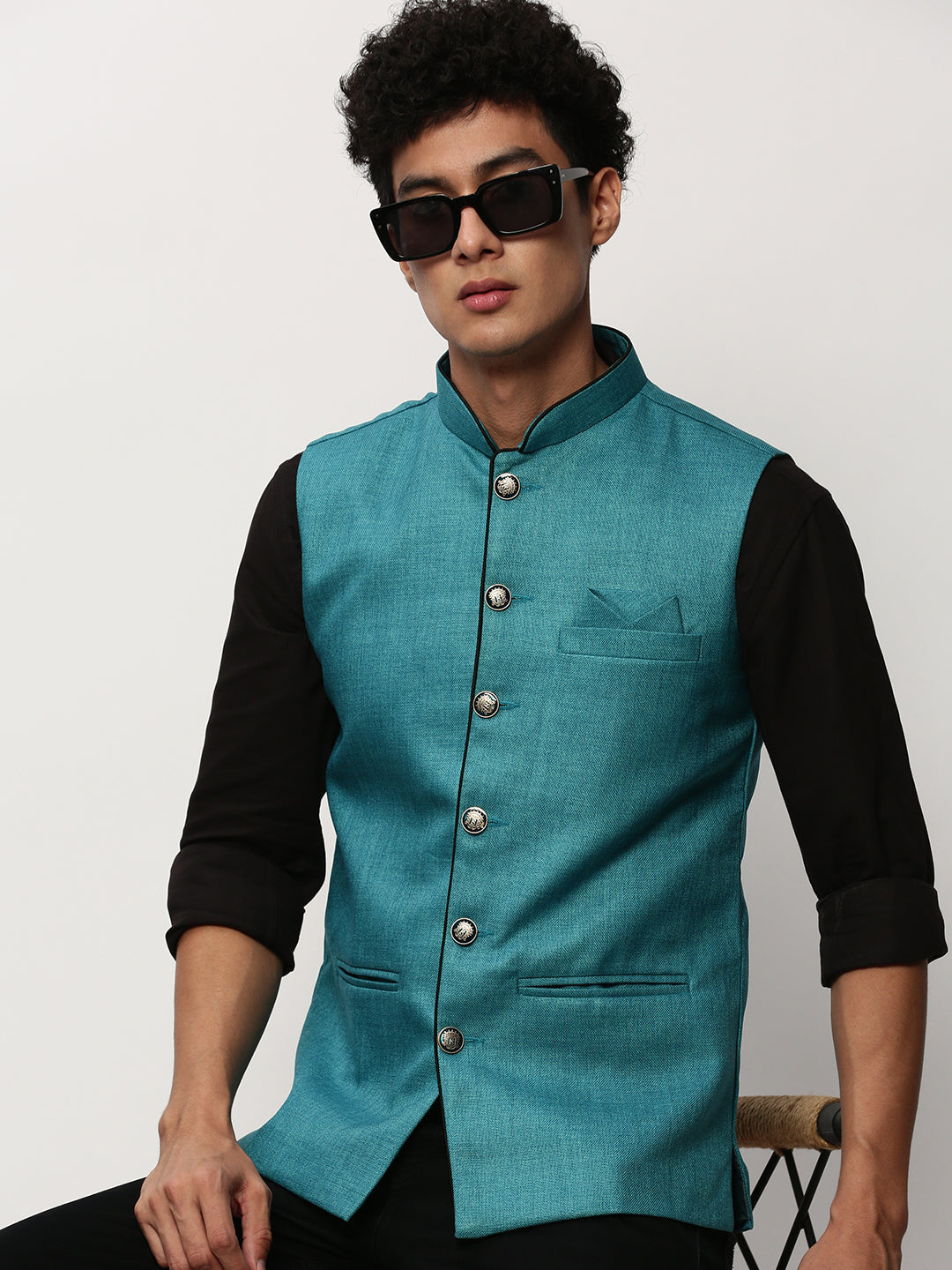 Men Mandarin Collar Solid Blue Nehru Jacket