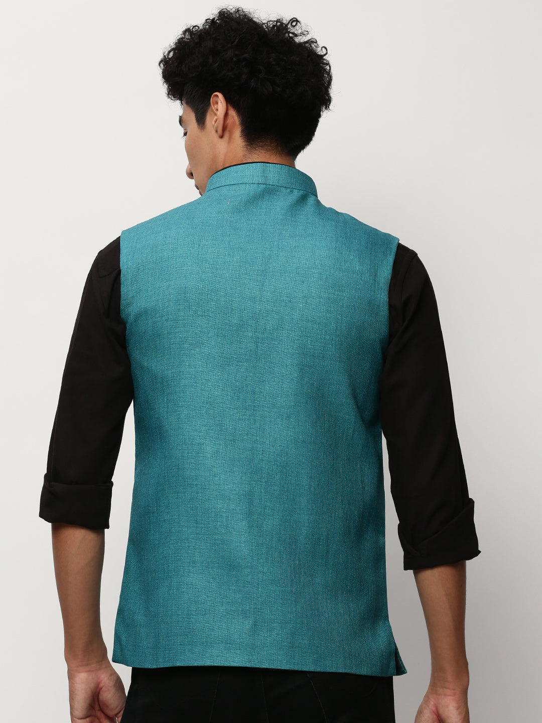 Men Mandarin Collar Solid Blue Nehru Jacket