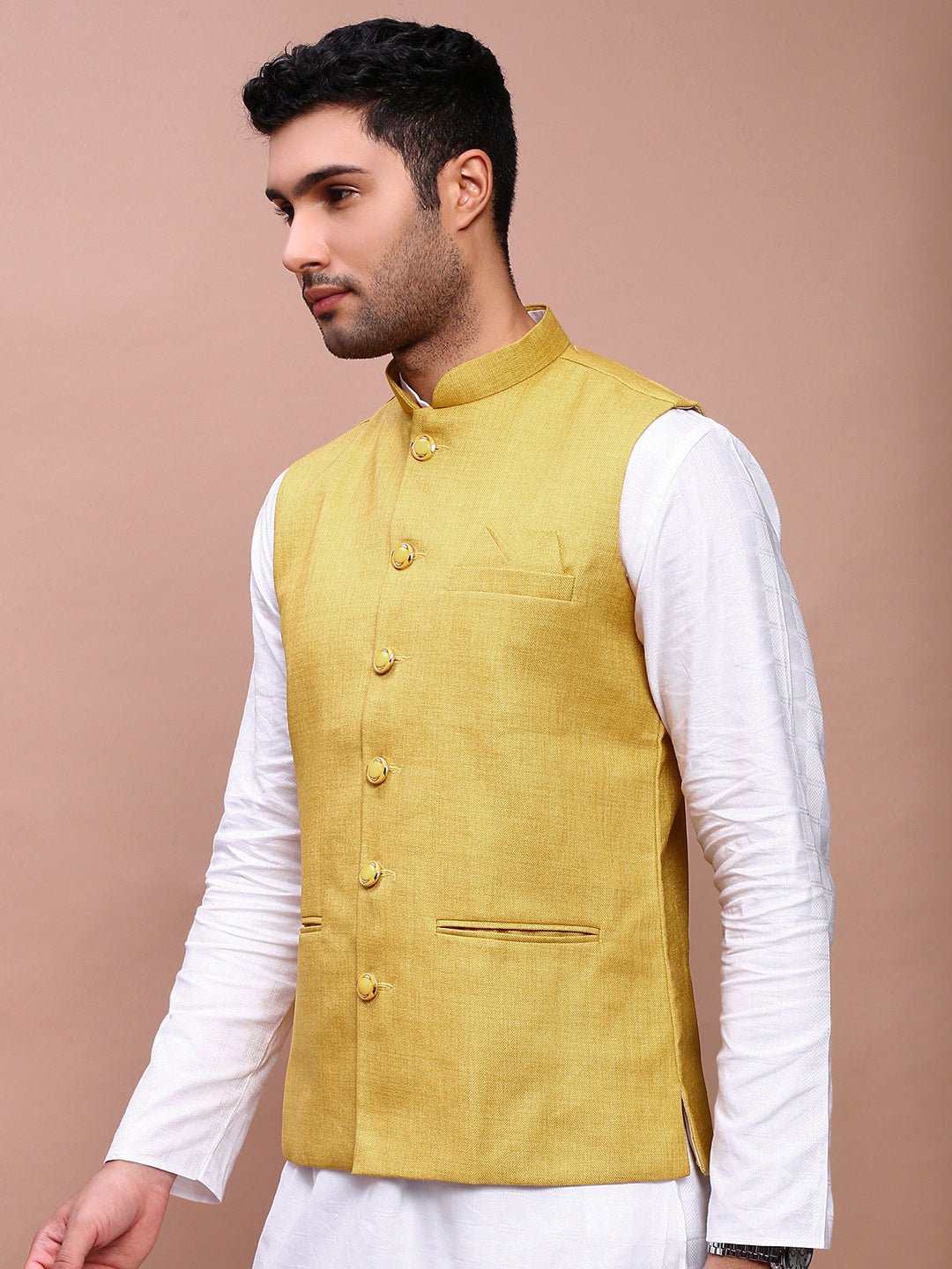 Men Solid Mustard Slim Fit Nehru Jacket