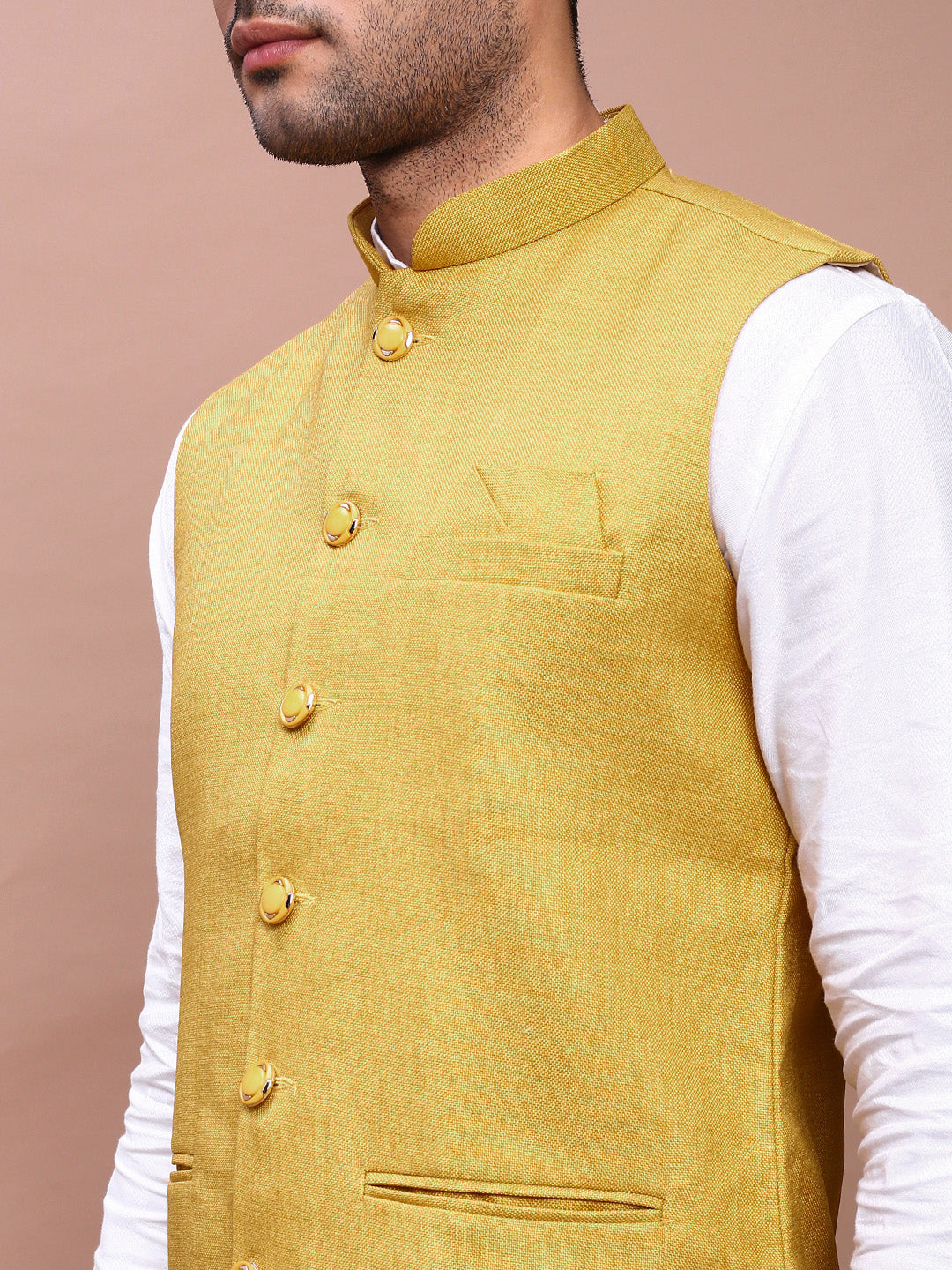 Men Solid Mustard Slim Fit Nehru Jacket
