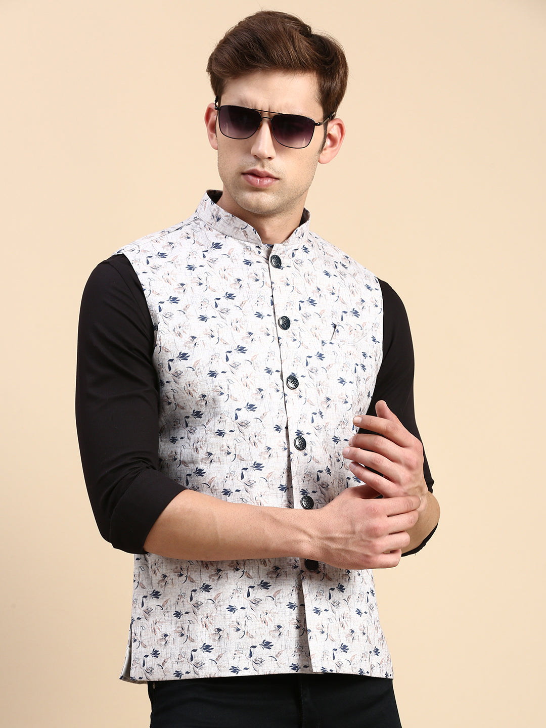 Men Mandarin Collar Printed Beige Nehru Jacket