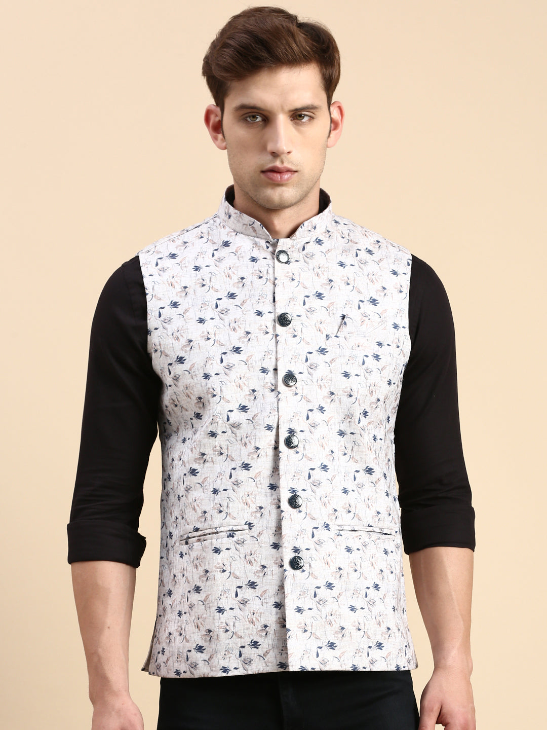 Men Mandarin Collar Printed Beige Nehru Jacket