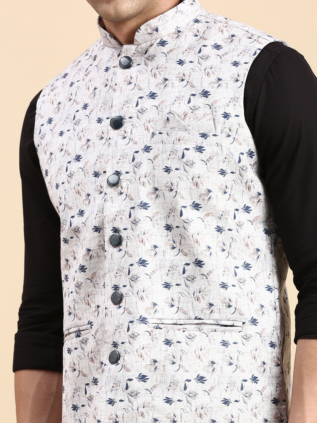 Men Mandarin Collar Printed Beige Nehru Jacket