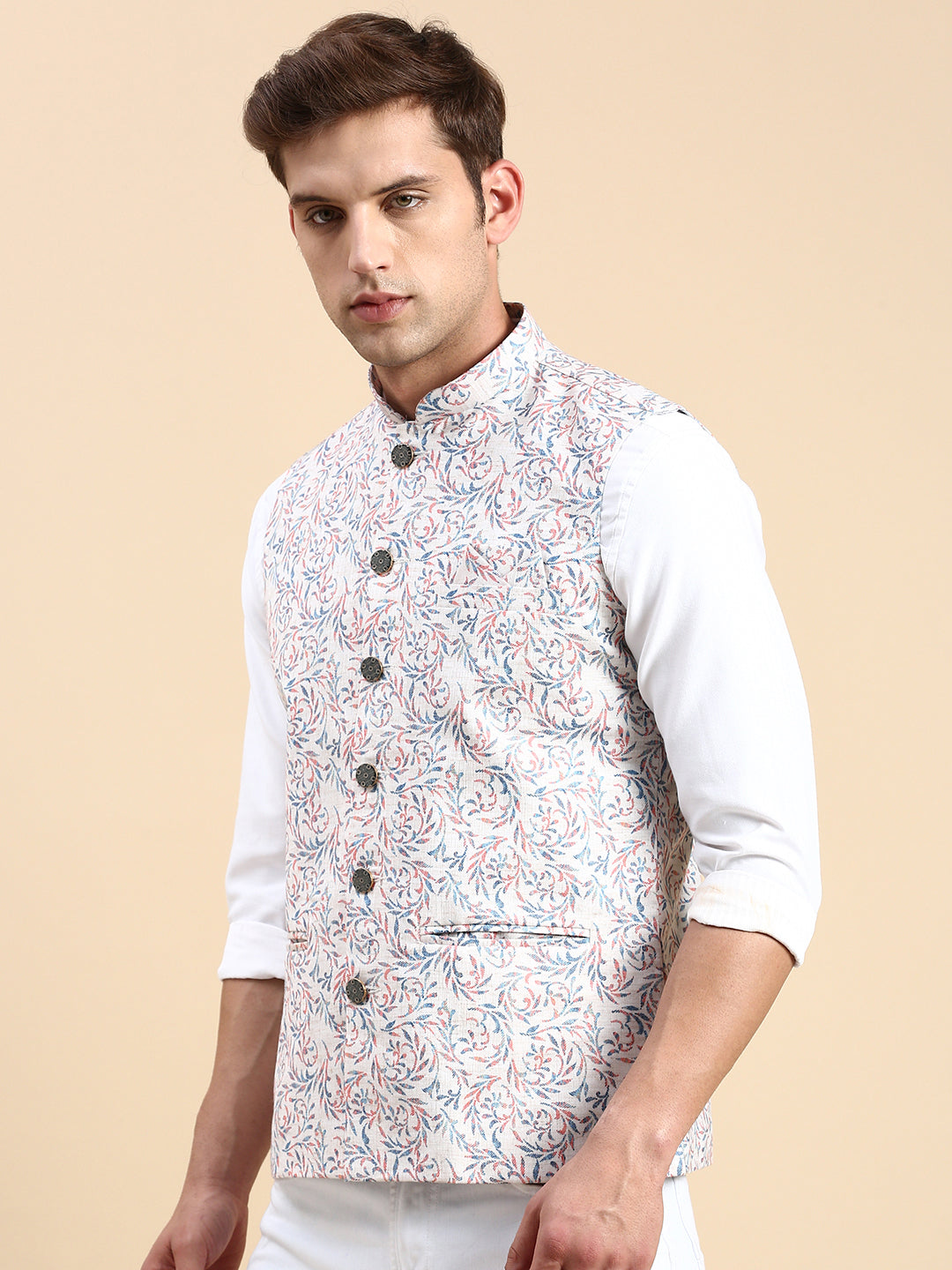 Men Mandarin Collar Printed Beige Nehru Jacket