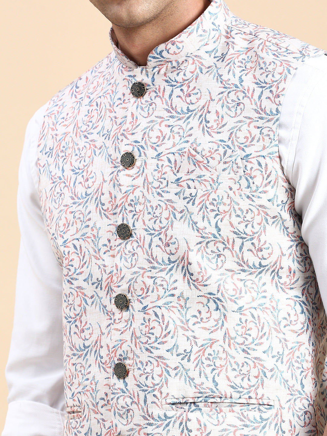 Men Mandarin Collar Printed Beige Nehru Jacket