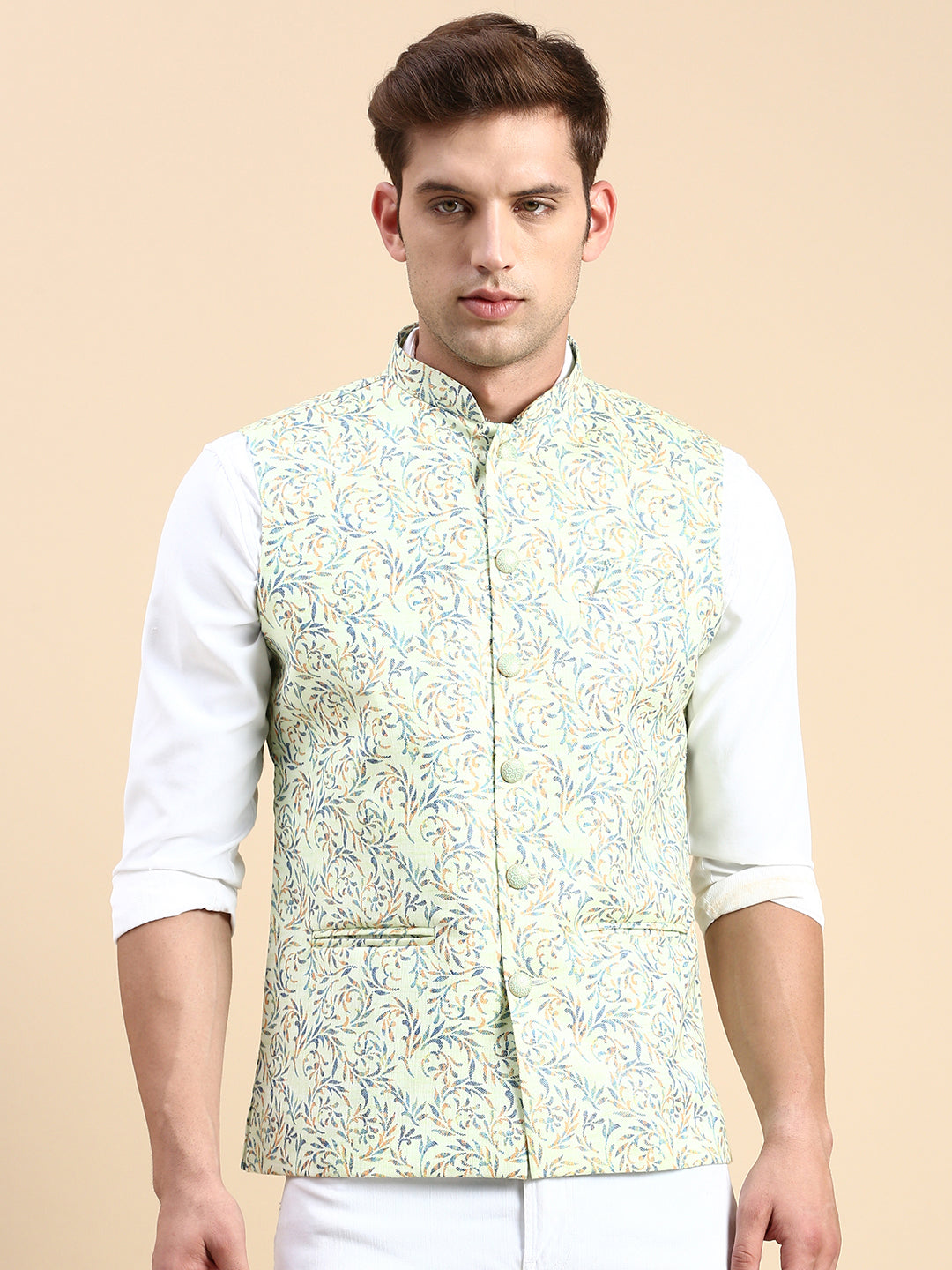 Men Mandarin Collar Printed Lime Green Nehru Jacket