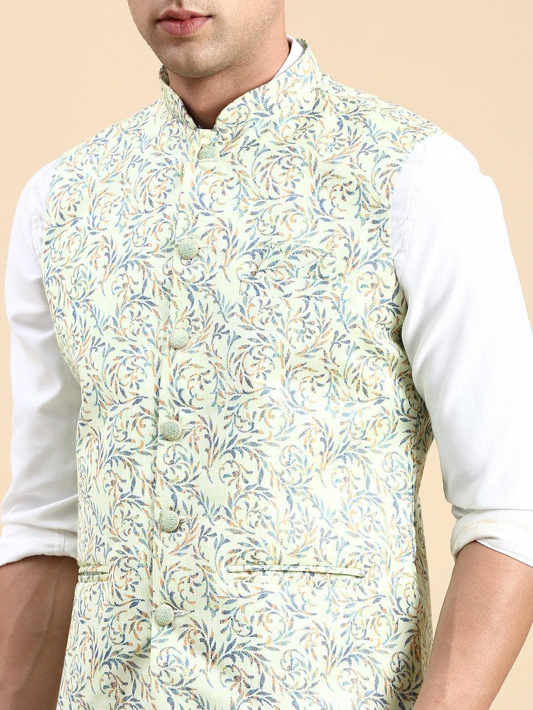 Men Mandarin Collar Printed Lime Green Nehru Jacket