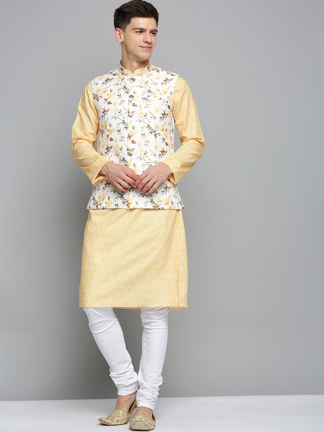 Men Mandarin Collar Printed Cream Nehru Jacket