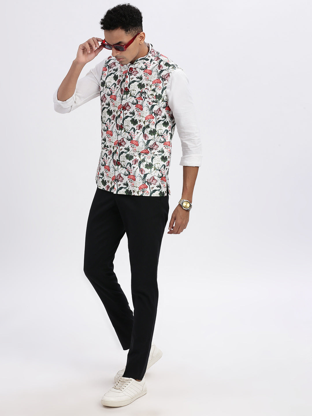 Men Off White Printed Nehru Jacket