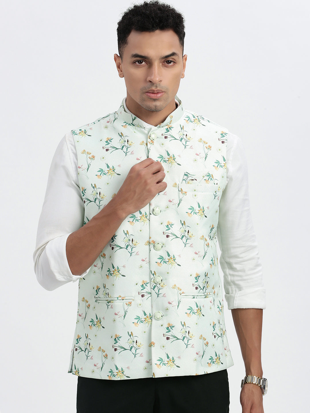 Men Green Printed Nehru Jacket