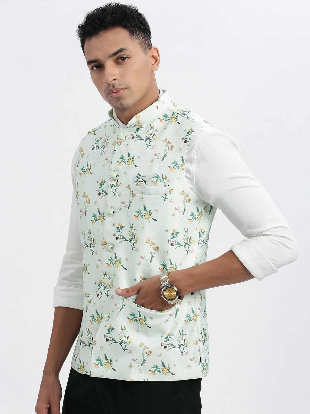 Men Green Printed Nehru Jacket