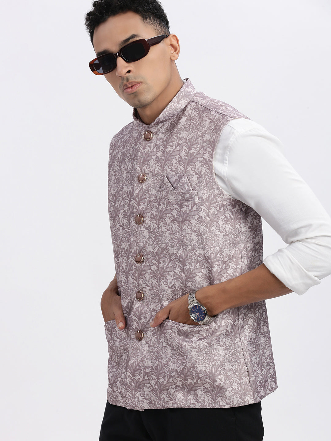 Men Brown Printed Nehru Jacket