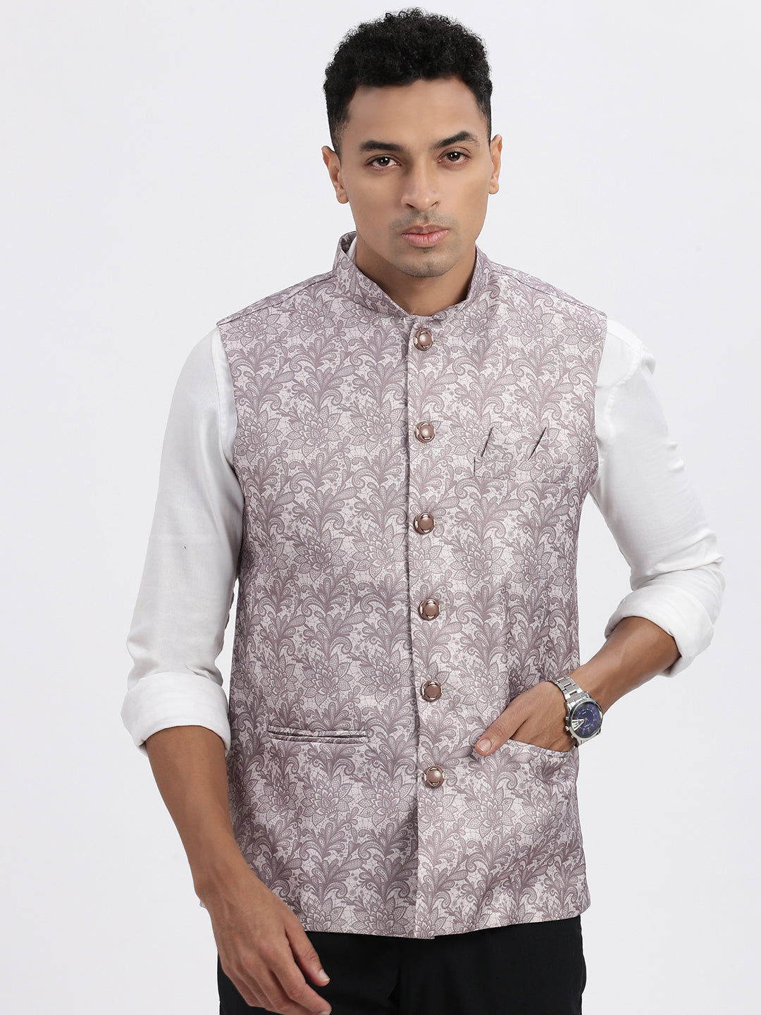 Men Brown Printed Nehru Jacket