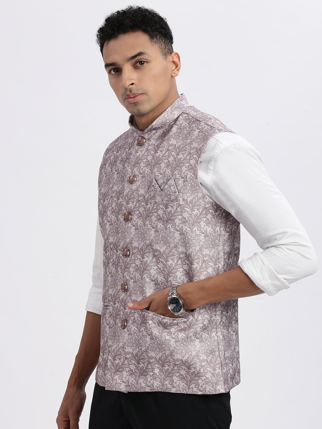 Men Brown Printed Nehru Jacket