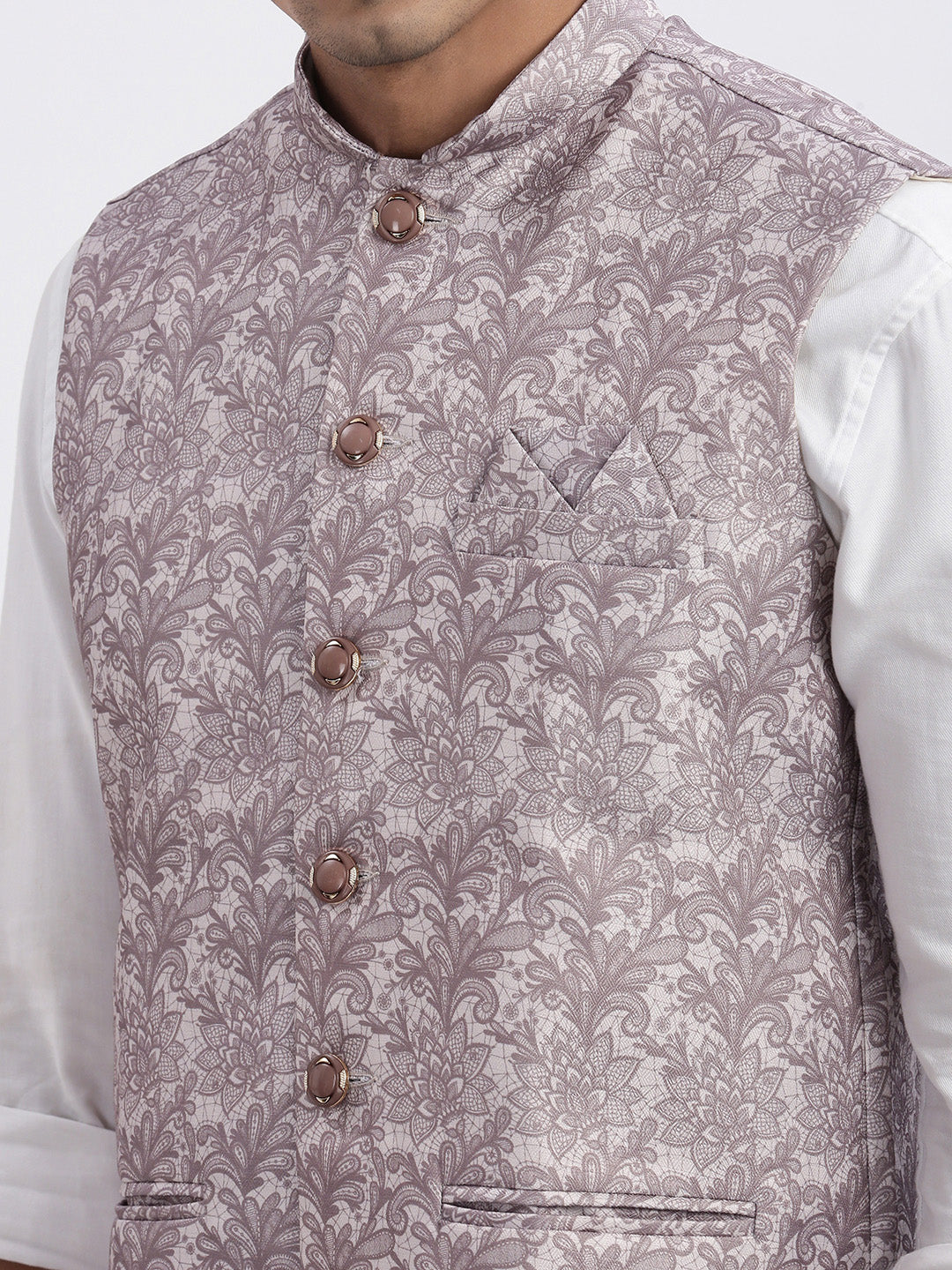 Men Brown Printed Nehru Jacket