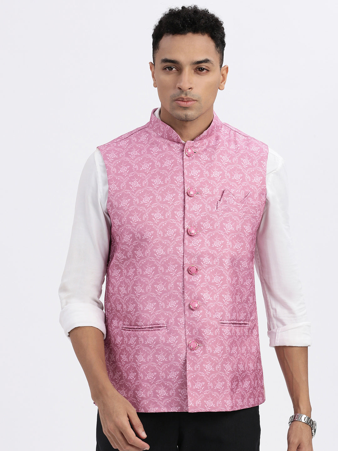 Men Pink Printed Nehru Jacket