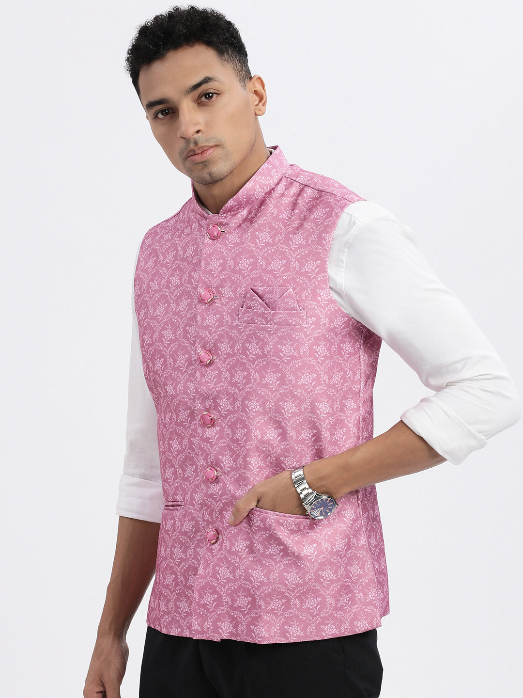 Men Pink Printed Nehru Jacket