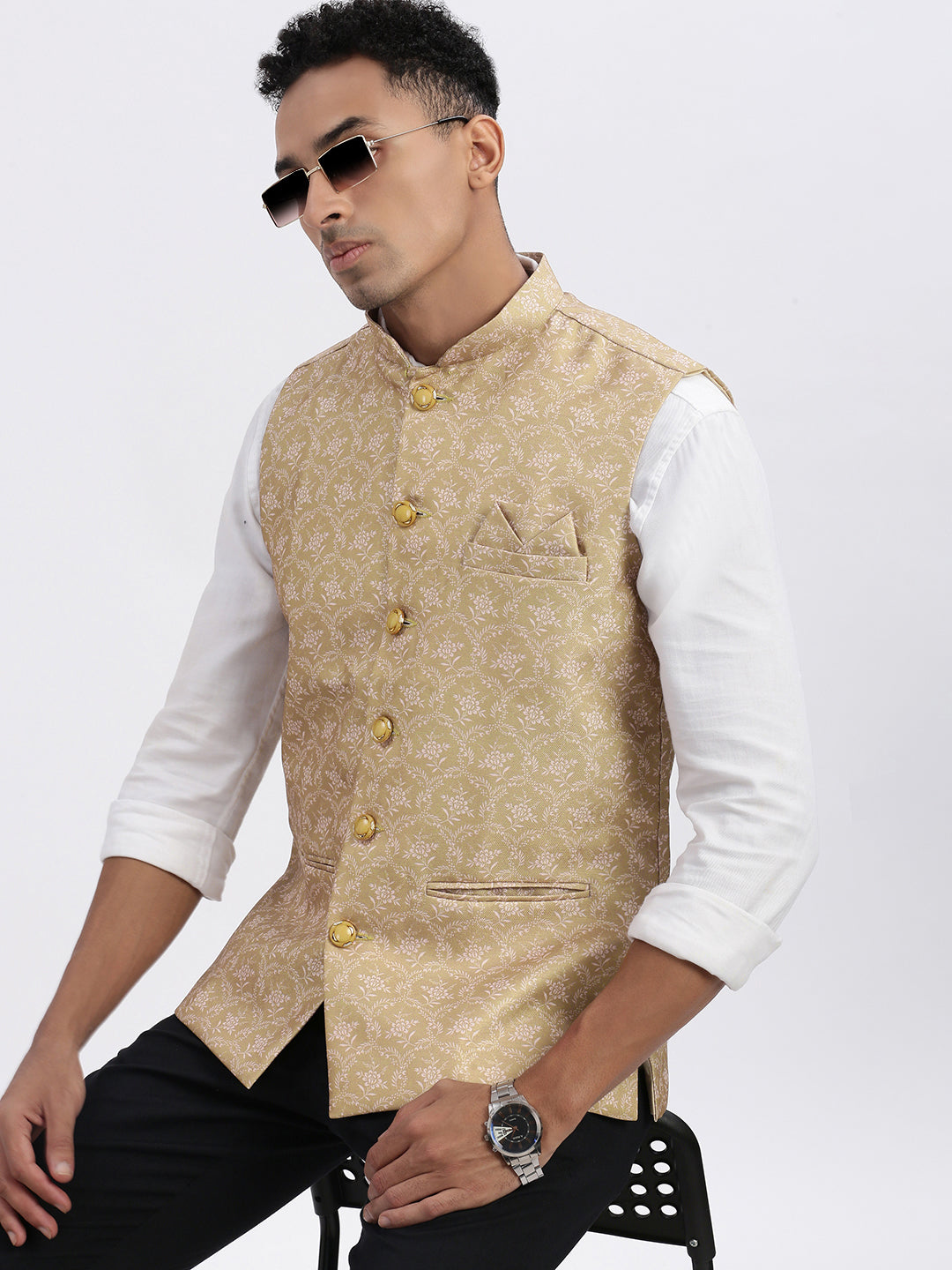 Men Beige Printed Nehru Jacket