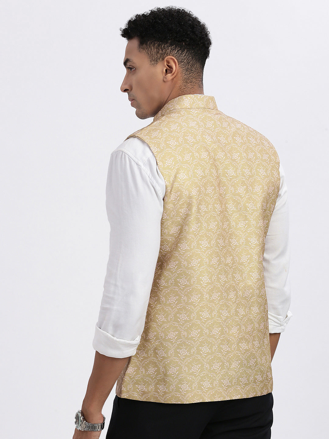 Men Beige Printed Nehru Jacket