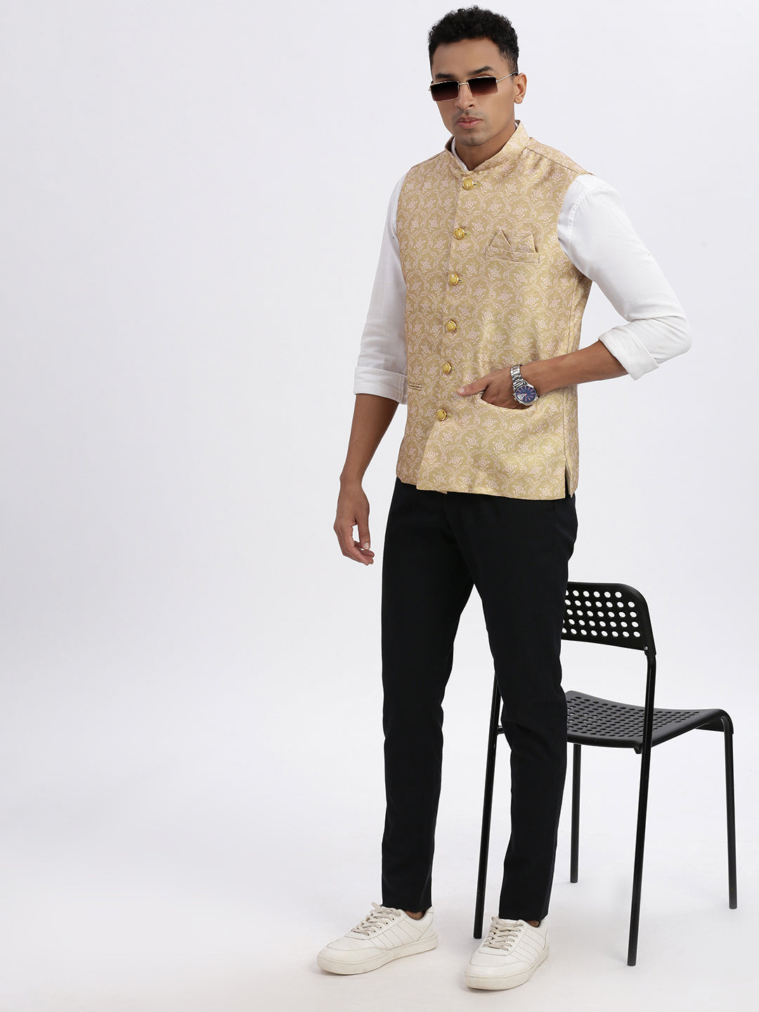 Men Beige Printed Nehru Jacket