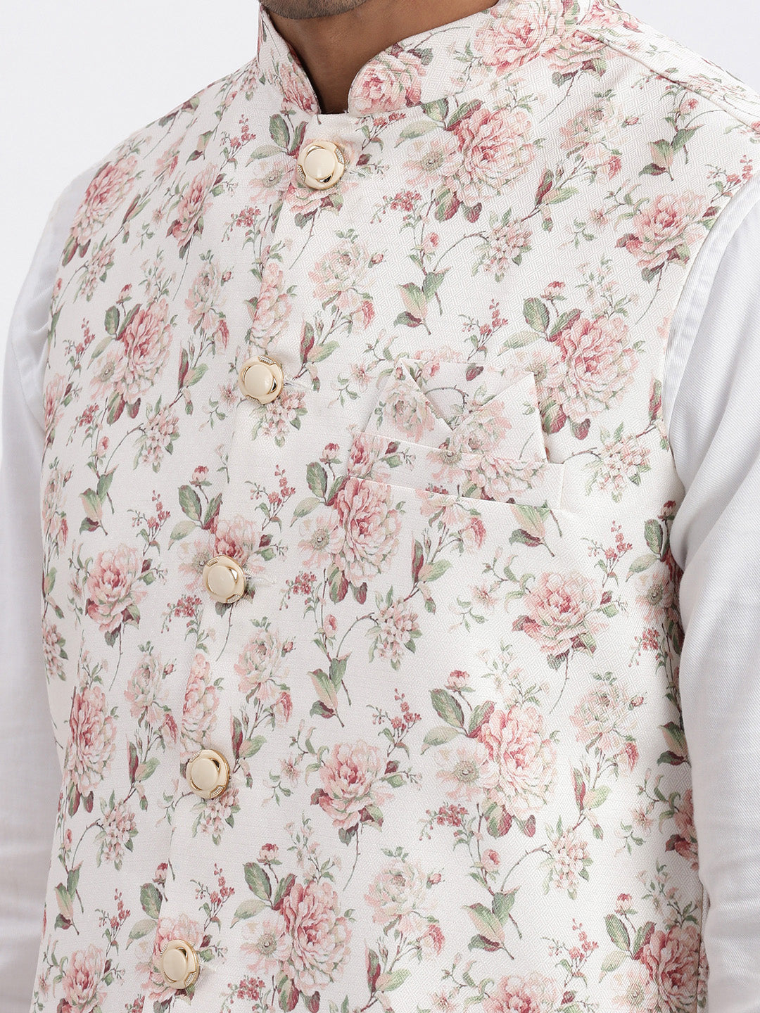 Men Cream Printed Nehru Jacket