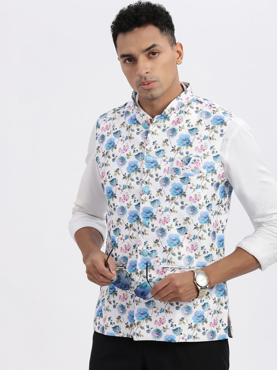 Men White Printed Nehru Jacket