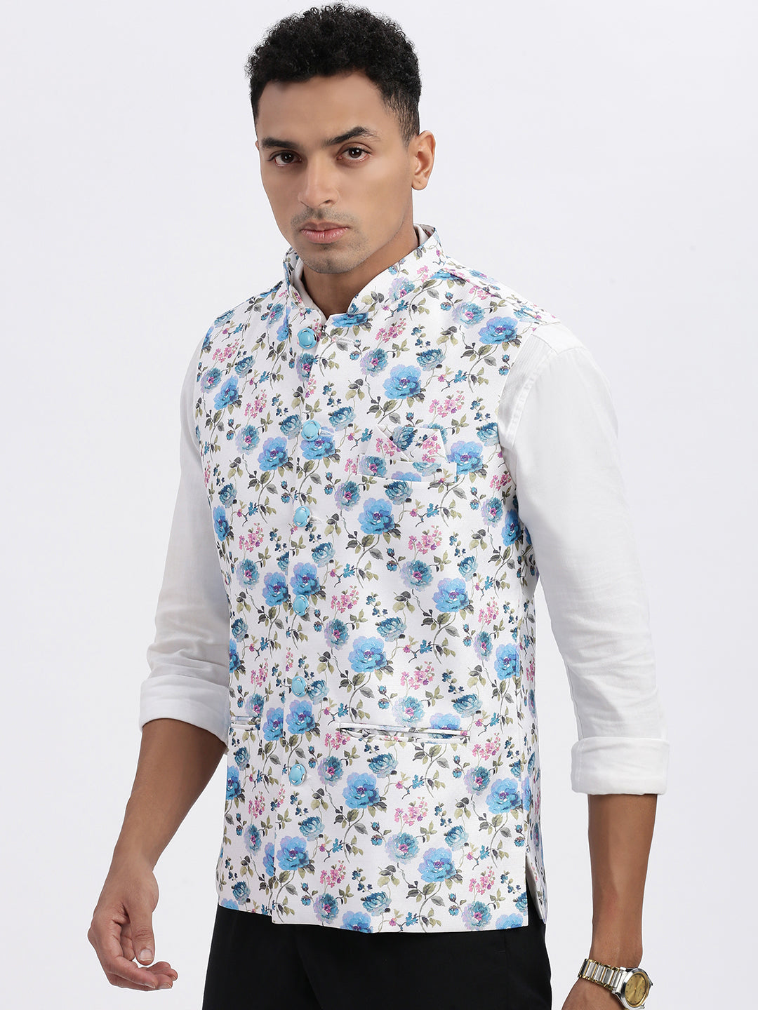 Men White Printed Nehru Jacket