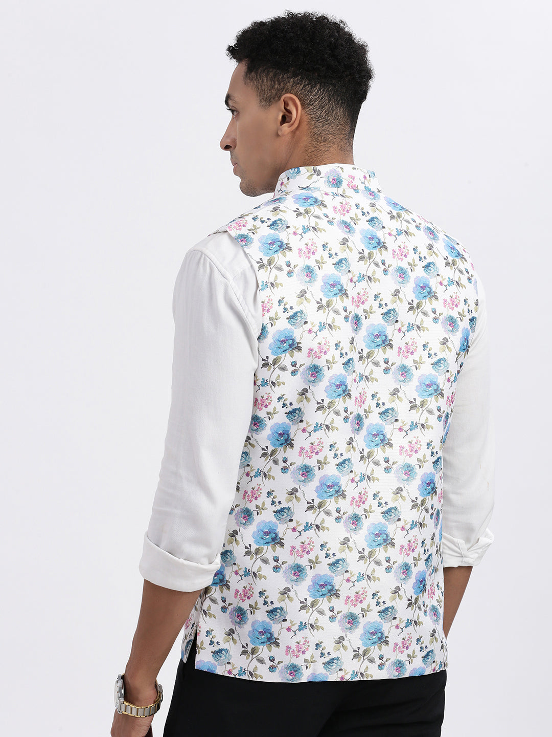 Men White Printed Nehru Jacket