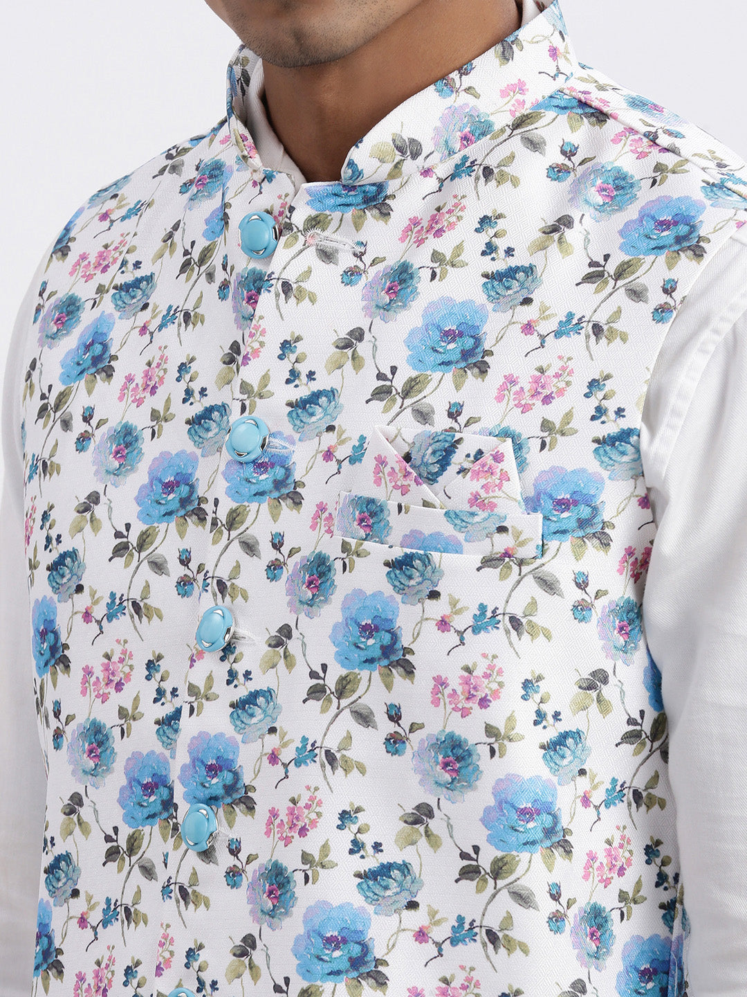 Men White Printed Nehru Jacket