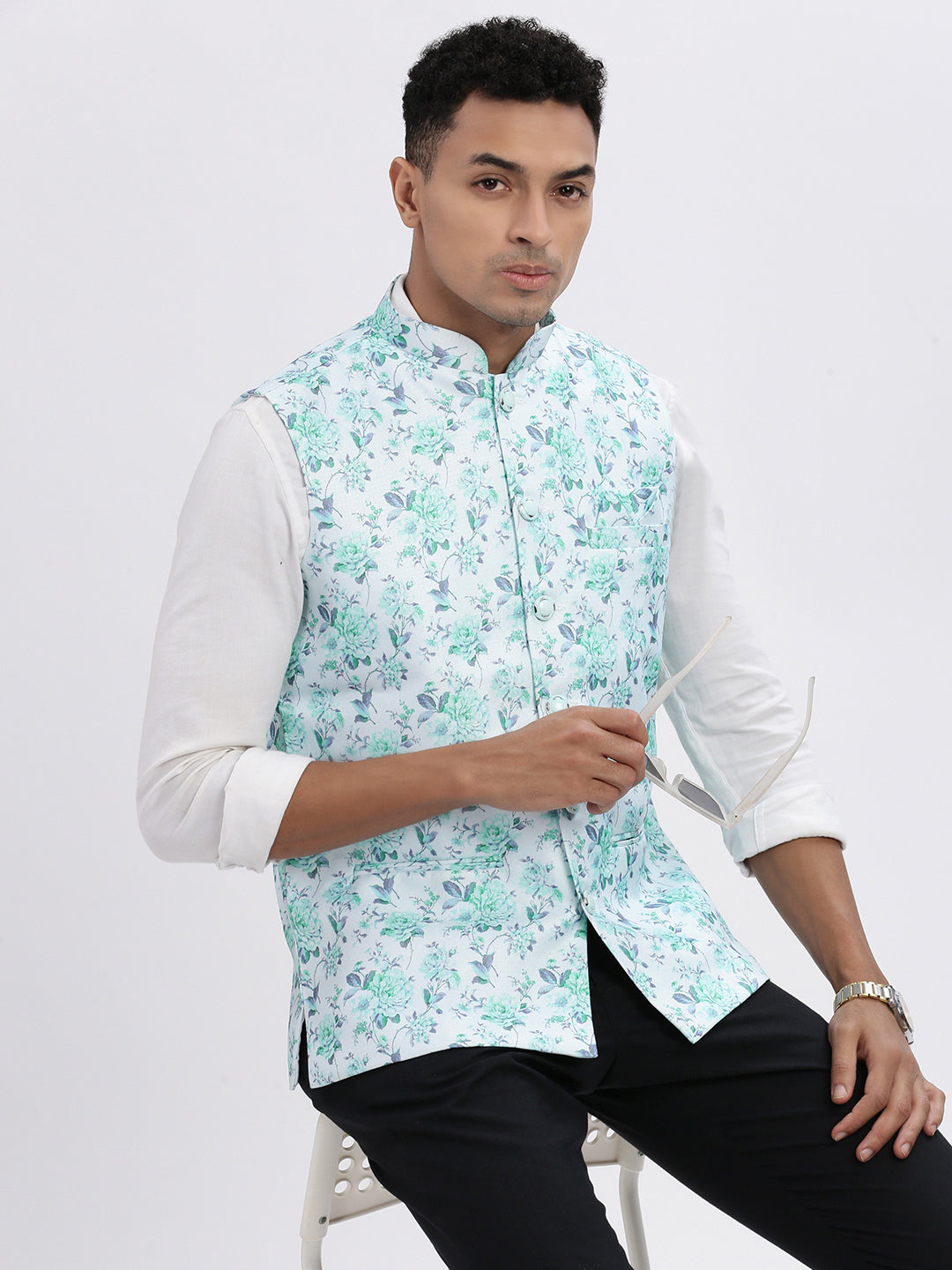 Men Green Printed Nehru Jacket