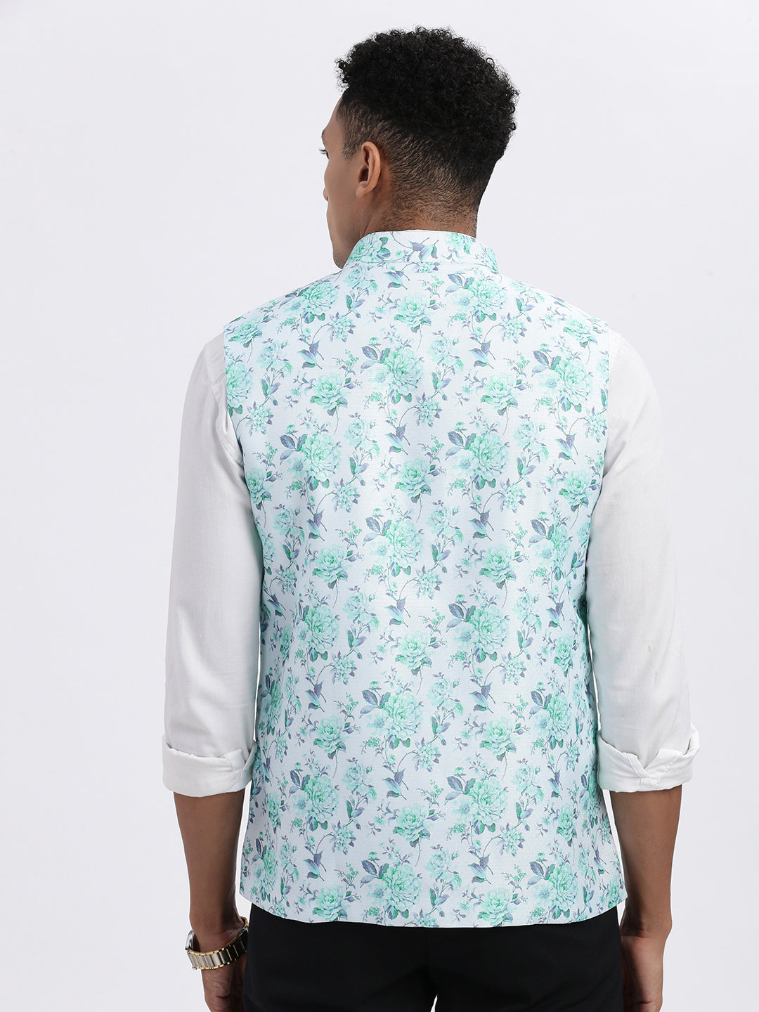 Men Green Printed Nehru Jacket